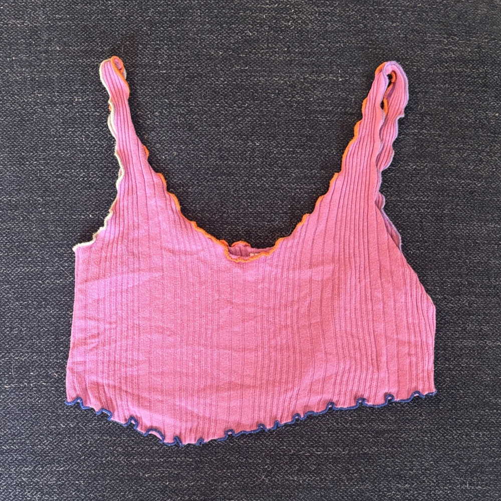 BDG Pink Ribbed Crop Tank with Orange Lettuce Trim